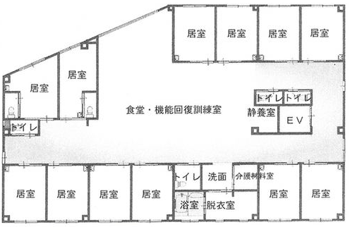 居室・食堂兼機能回復訓練室・浴室などの配置を示したショートステイ城山の見取図